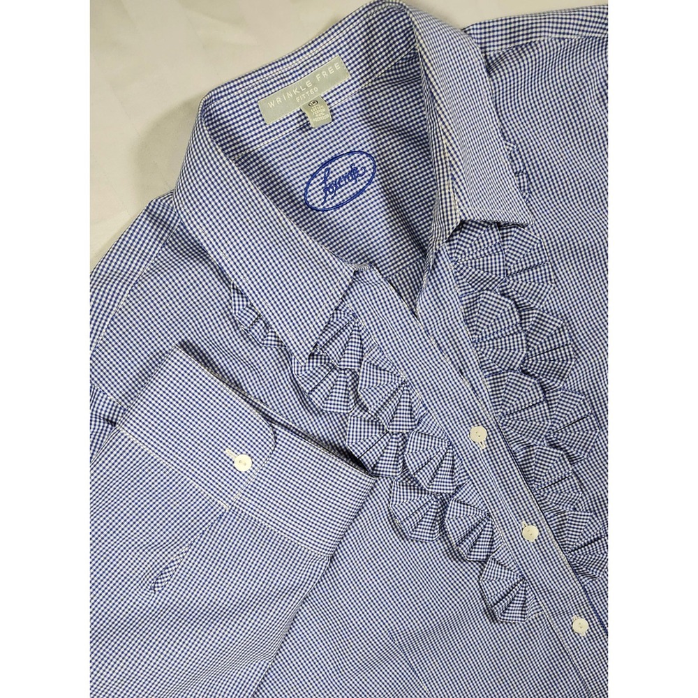 Foxcroft Blue Gingham Ruffle Front Wrinkle Free 3/4 Sleeve Button Shirt 18 0033